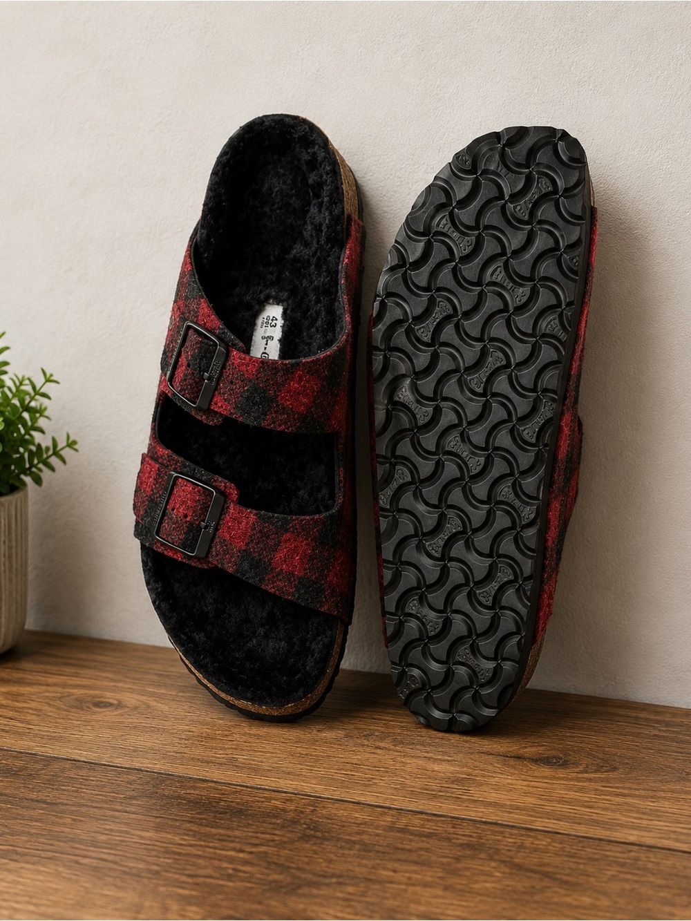 Birkenstock Arizona Genuine Lamb Fur Lined Red & Black Plaid Sandals – NIB